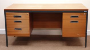 Mid 20th century teak desk, grey metal frame, one slide and six drawers, W151cm, H72cm,