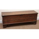 19th century oak blanket/sword plank chest, hinged lid, blind fret work sides,