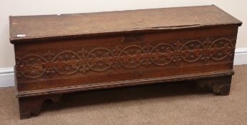 19th century oak blanket/sword plank chest, hinged lid, blind fret work sides,