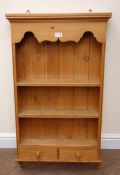 Solid pine wall hanging cabinet, two shelves above two drawers, W56cm, H100cm,