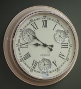 Circular metal cased wall clock Roman dial with New York, Sydney and Paris time zone dials,