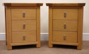 Ponsfords of Sheffield pair light oak, bedside chests, three drawers, stile supports, W50cm, H60cm,