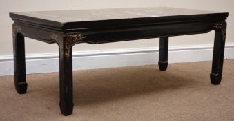 Chinese black lacquered rectangular coffee table, four square supports, W107cm, H42cm,