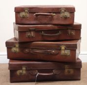 Four graduating vintage leather suitcases, hinged lid with clasp, W61cm, H17cm,