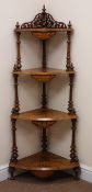 Victorian four tiered inlaid figured walnut whatnot, three finials, raised pierced back,