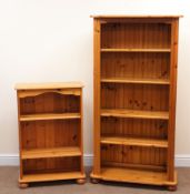 Pine open bookcase, four shelves, bun feet (W79cm, H154cm,