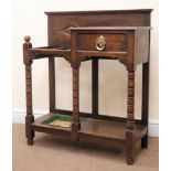 Edwardian oak hallstand, single drawer, turned supports,