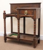 Edwardian oak hallstand, single drawer, turned supports,