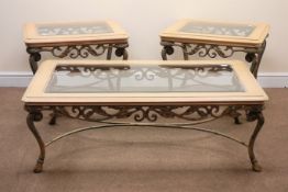 Ornate wrought metal rectangular coffee table, bevel edge glass top in painted timber frame,