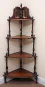 Victorian mahogany four tier corner whatnot, raised bevel edge mirror back, shaped shelves, W68cm,