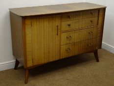 Retro teak bow top sideboard, single cupboard and four graduating drawers, W136cm, H89cm,