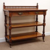 Edwardian mahogany dumb waiter, raises gallery back with finials, two drawers,