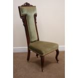 Victorian mahogany framed Prie Dieu chair, carved and pierced cresting rail,