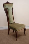 Victorian mahogany framed Prie Dieu chair, carved and pierced cresting rail,