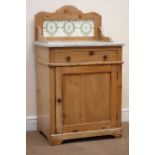 19th century pine washstand, raised shaped tiled back, marble top, above single drawer and cupboard,