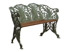 Coalbrookdale style cast metal wheat sheaf bench, hardwood slatted seat, green painted finish,