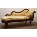 Early Victorian mahogany framed scrolled end chaise longue, shaped back,