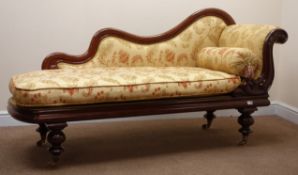 Early Victorian mahogany framed scrolled end chaise longue, shaped back,