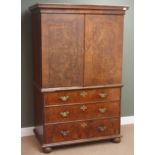 18th century and later cross banded burr walnut cupboard on chest, projecting cornice,