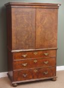 18th century and later cross banded burr walnut cupboard on chest, projecting cornice,