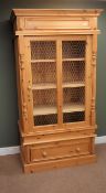 Handmade pine mesh-fronted cupboard, projecting cornice above single door with wire mesh panel,