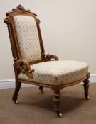 Victorian style elm salon chair, carved cresting rail, fluted columns supports,