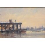 Peter Gilman (British 1928-1984): City River Scene, oil on board signed 16cm x 23.