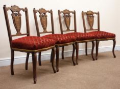 Four Edwardian inlaid mahogany dining chairs, shaped cresting rail, carved and pierced splat,