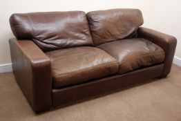 Pair two seat chocolate leather sofas, W200cm Condition Report <a href='//www.