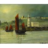 Robert Sheader (British 20th century): Lowestoft Herring Boats Returning to Scarborough Harbour,