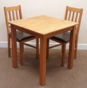 Solid oak square dining kitchen table (W75cm, H76cm, D75cm) and two matching dining chairs,