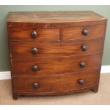 Early 19th century mahogany bow front chest, two short and three long drawers on bracket feet,