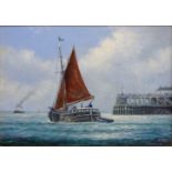 Jack Rigg (British 1927-): Sailing Barge in the Estuary, oil on board signed,