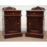 Pair Victorian mahogany bedside cabinets, raised shaped back, single drawer above cupboard,