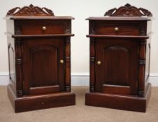 Pair Victorian mahogany bedside cabinets, raised shaped back, single drawer above cupboard,