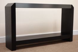 Black stained oak console table, canted corners, black glass top with chrome frame,