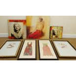 Marilyn Monroe, two curved prints, Seated Nude Lady, colour print on canvas, Still Life of Flowers,