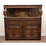 Early 20th century oak court cupboard, moulded top, cup and cover carved supports,