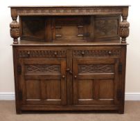 Early 20th century oak court cupboard, moulded top, cup and cover carved supports,