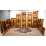 Eleven pieces of mahogany cased lead framed stained glass (W209cm, H62cm,