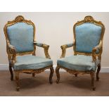 Pair French style gilt framed armchairs, shell carved cresting rail, upholstered back,