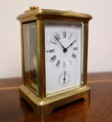 20th century French brass carriage clock, with subsidiary alarm dial, striking on bell, stamped 417,