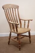 Victorian elm farmhouse kitchen armchair, turned supports joined by stretchers,