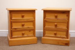 Pair solid pine bedside chests, moulded top, three drawers, plinth base, W45cm, H57,