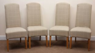 Set four high back dining chairs, upholstered in a neutral check fabric, square tapering supports,