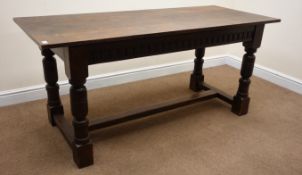 17th century style oak rectangular refectory dining table, turned supports,