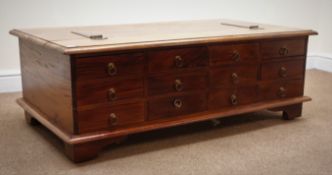 Hardwood coffee table, hinged lid, twelve drawers, bracket supports, W118cm, H42cm,