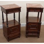 Matching pair 19th century rosewood and walnut marble top bedside cabinets, single frieze drawer,