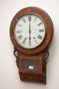 Victorian drop-dial wall clock, inlaid case with painted Roman dial,