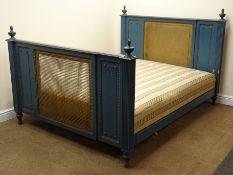 French Empire style king size bedstead, teal and gilt finish, flaming urn finials,